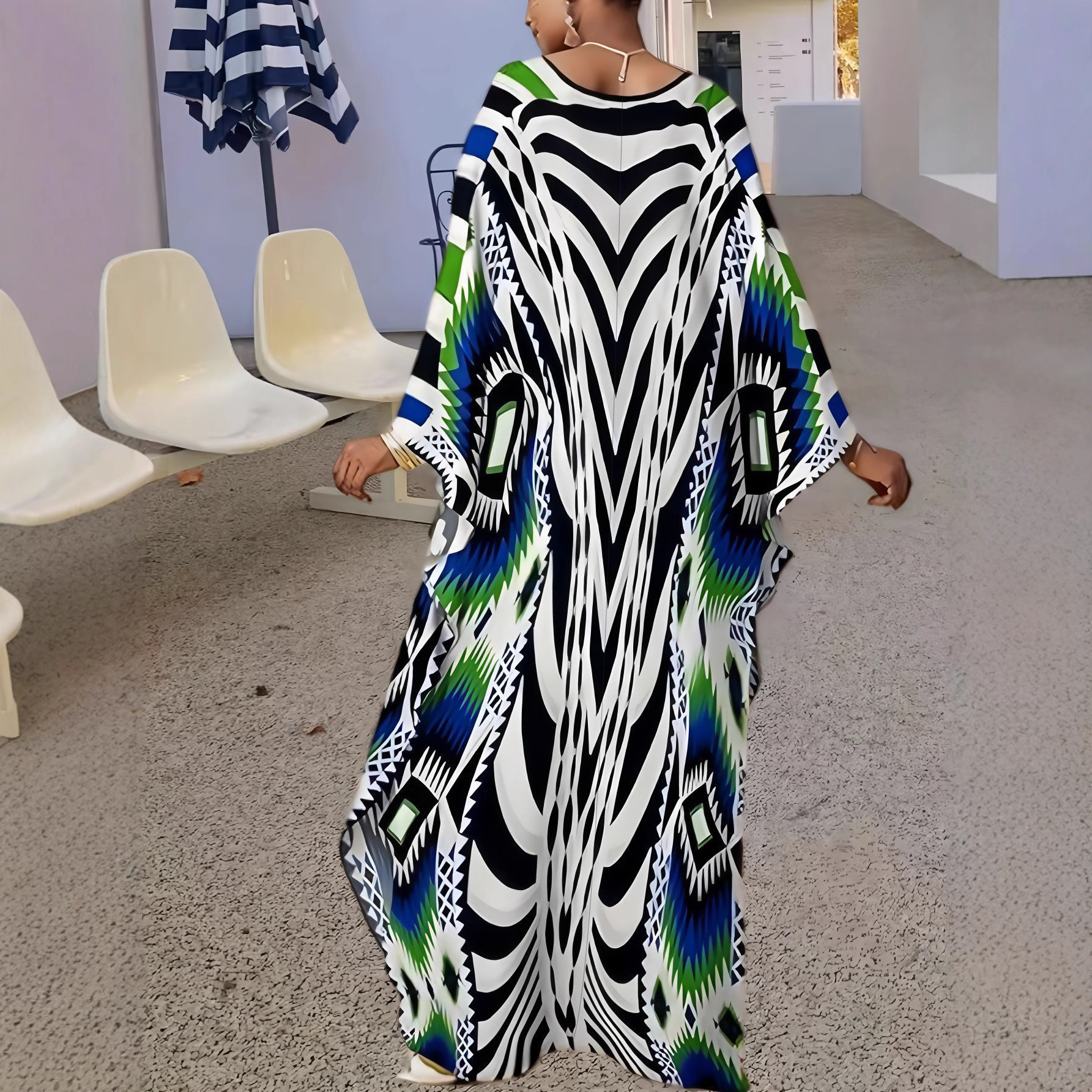 Women's Loose V-Neck Printed Long Sleeve Maxi Robe