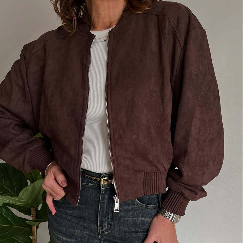 Women's Faux Suede Zip-Up Jacket Solid Color Casual Coat