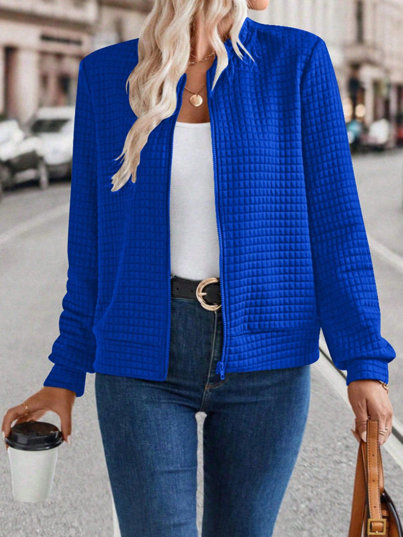 Women's Solid Color Zip-Up Jacket with Textured Finish