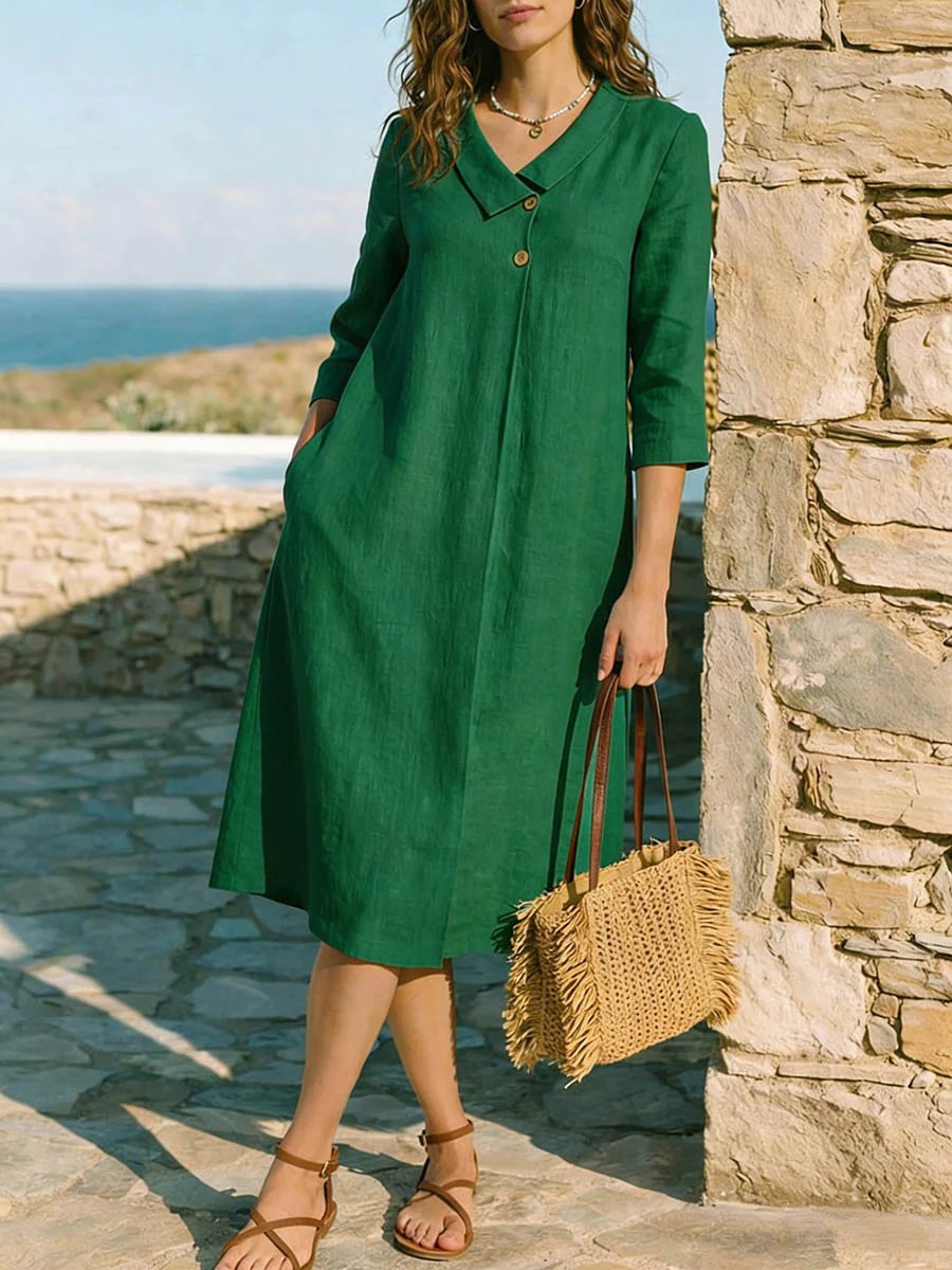 Women's Solid Color French Collar Midi Dress