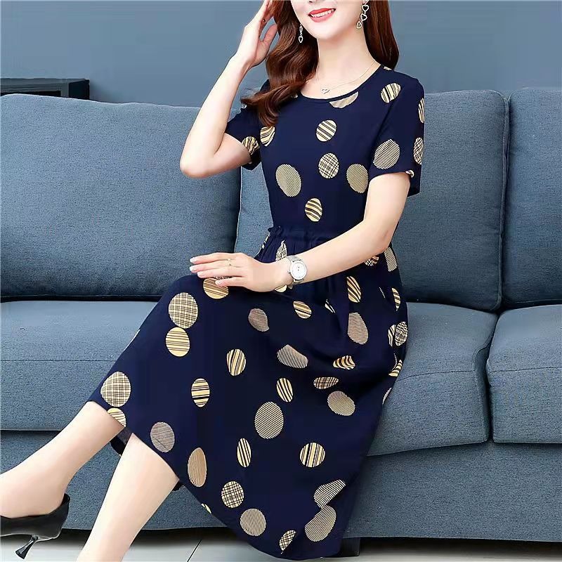 Women's Summer Midi Dress Short Sleeve Round Neck A-Line Slimming Casual