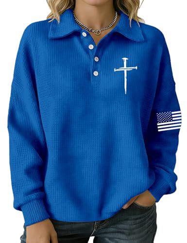 Women's Cross & American Flag Print Button Sweatshirt