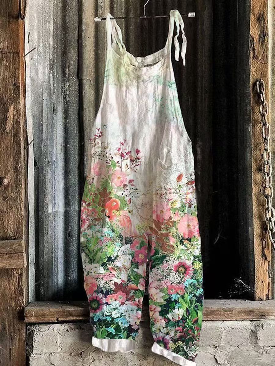 Sweet Floral Print Wide-Leg Sleeveless Jumpsuit