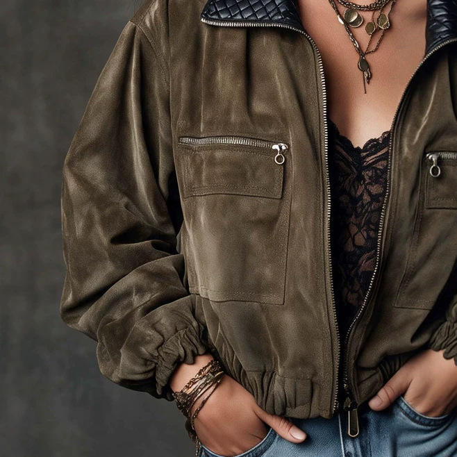 Retro Quilted Panel Zip Bomber Jacket