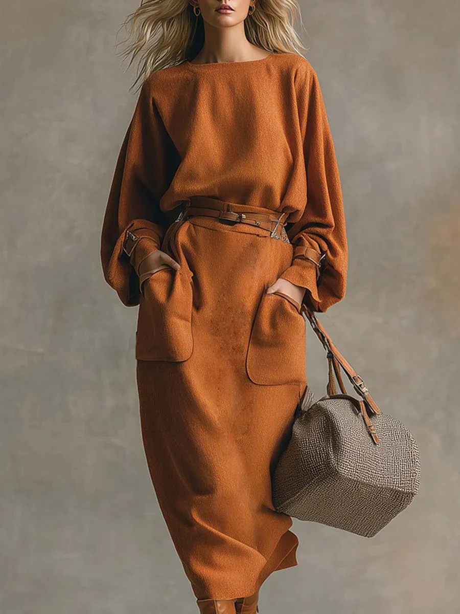Women's Loose Crewneck Long-Sleeve Top and Pocket Midi Skirt Set