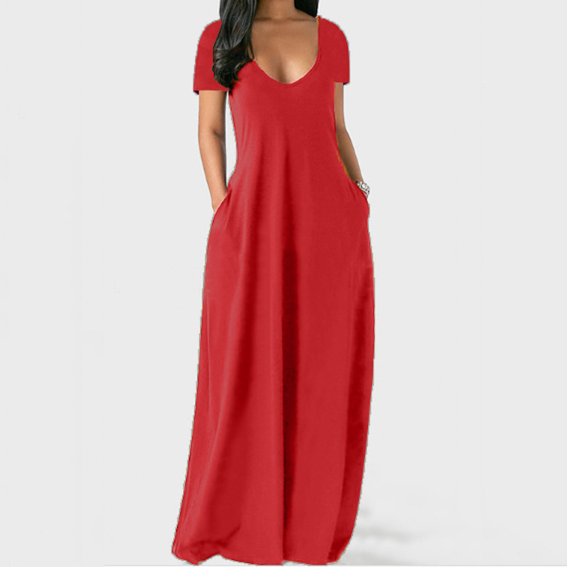Plus Size Solid Deep V-Neck Short Sleeve Long Dress