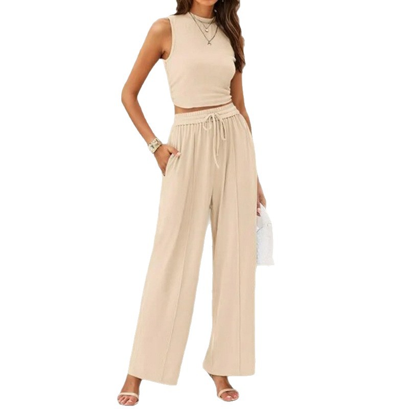 Women's Sleeveless Crop Top and Wide-Leg Pants Two-Piece Set