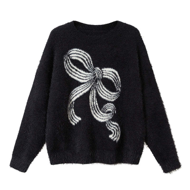 Bow Detail Fuzzy Knit Crewneck Sweater