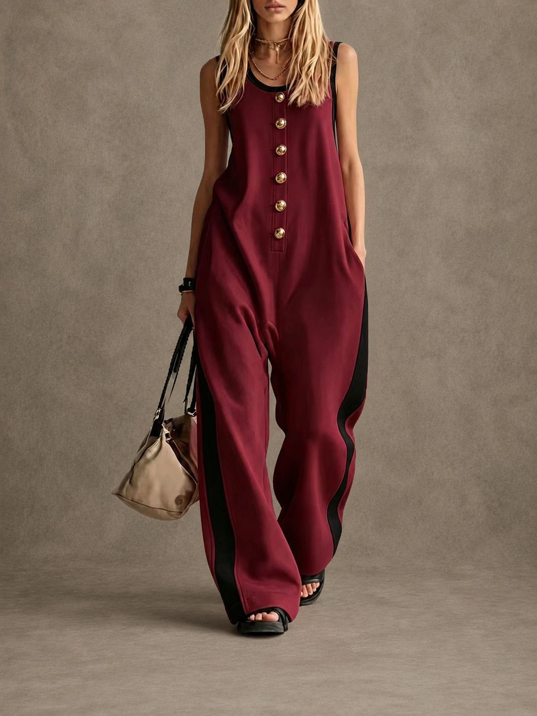 Women's Sleeveless Round Neck Colorblock Jumpsuit with Button Detail