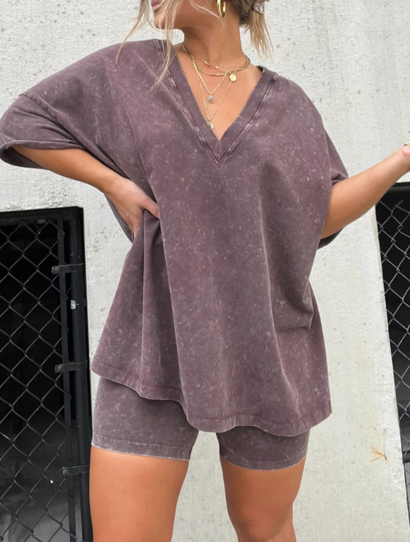 V-Neck Faux Denim Two-Piece Set with Short Sleeve Tee and High-Waist Shorts