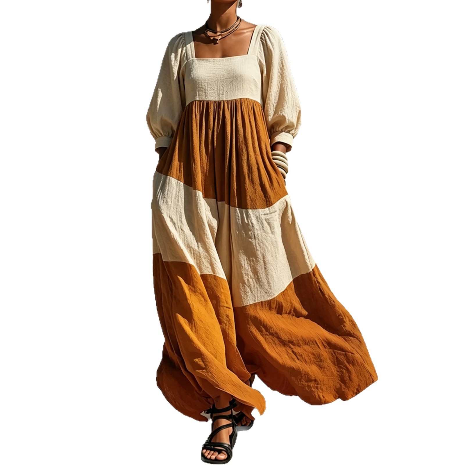 Color-Block Square-Neck Long Sleeve Cotton-Linen Dress