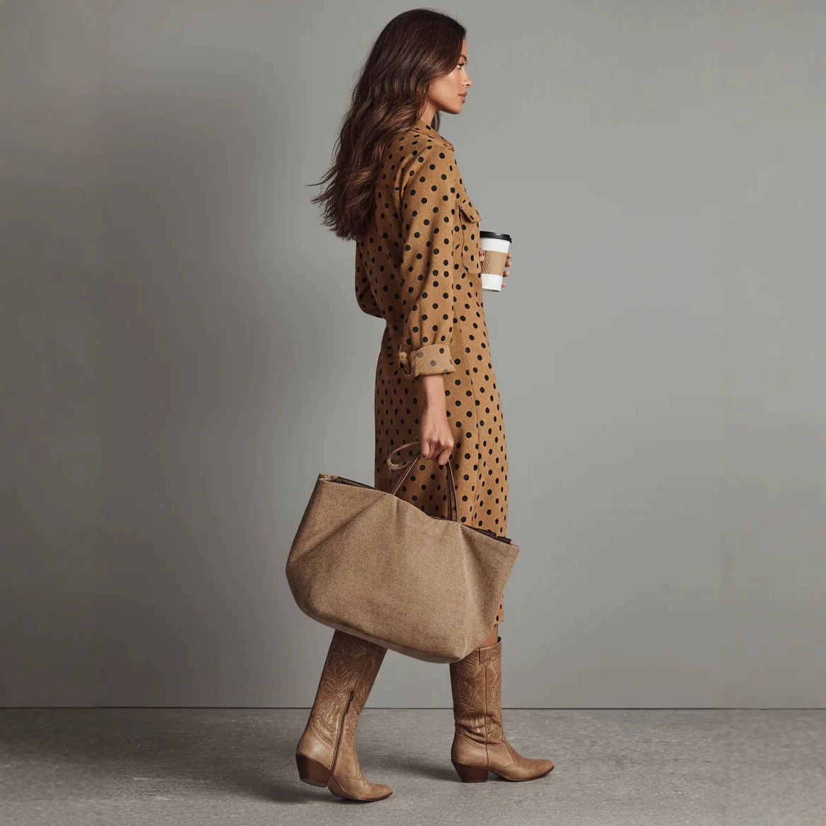 Slimming V-Neck Polka Dot Long Sleeve Midi Dress