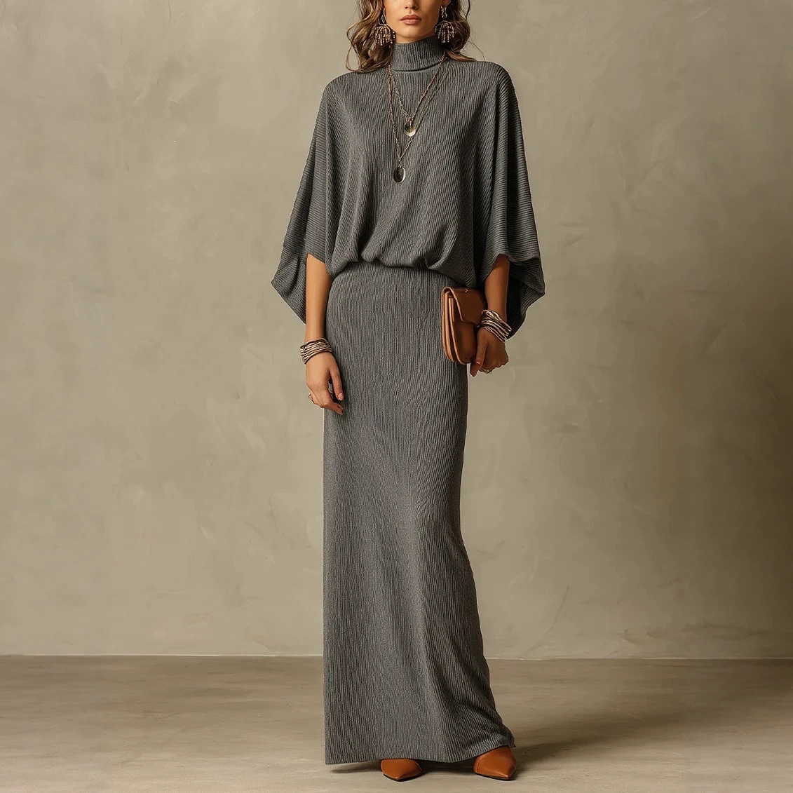 Solid Ribbed Batwing Sleeve Two-Piece Skirt Set