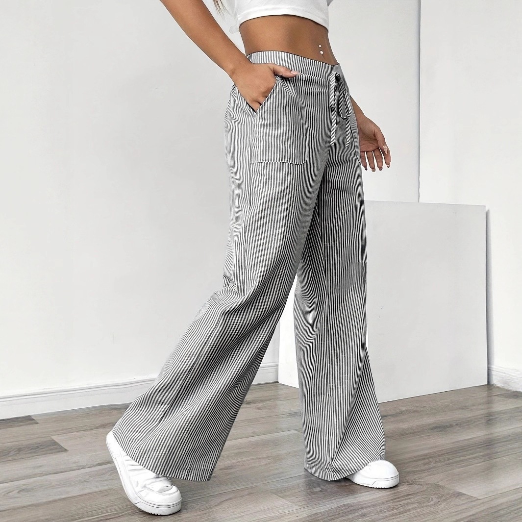 Striped Wide-Leg Lounge Pants for Women, Lightweight Straight-Cut Casual Trousers