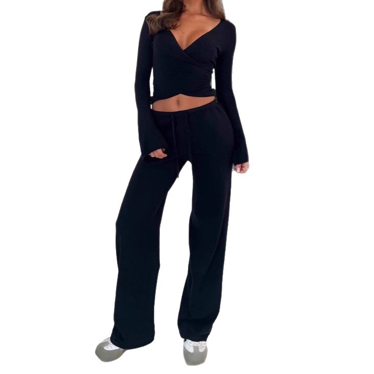 Women's Fleece-Lined Long-Sleeve Tie-Front Top & Drawstring Straight-Leg Pants Set