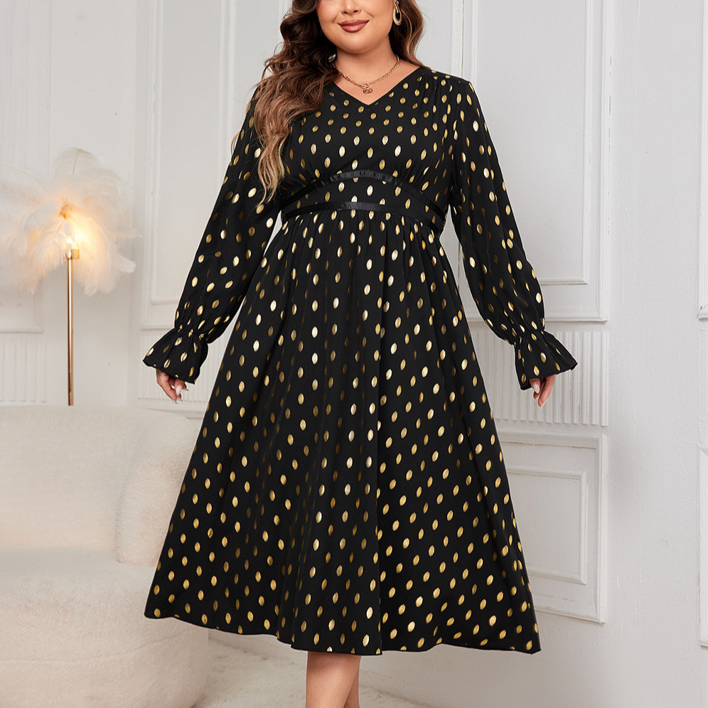 Polka Dot V-Neck Long Sleeve High Waist Maxi Dress