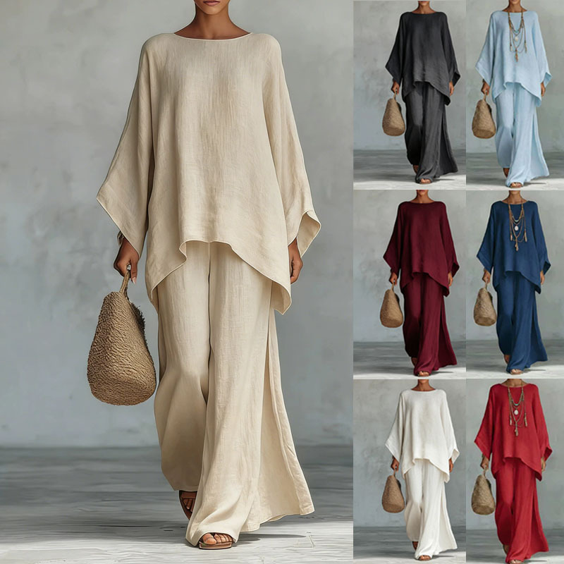 Women's Loose Linen-Blend Solid Shirt & Wide-Leg Pants Casual Set