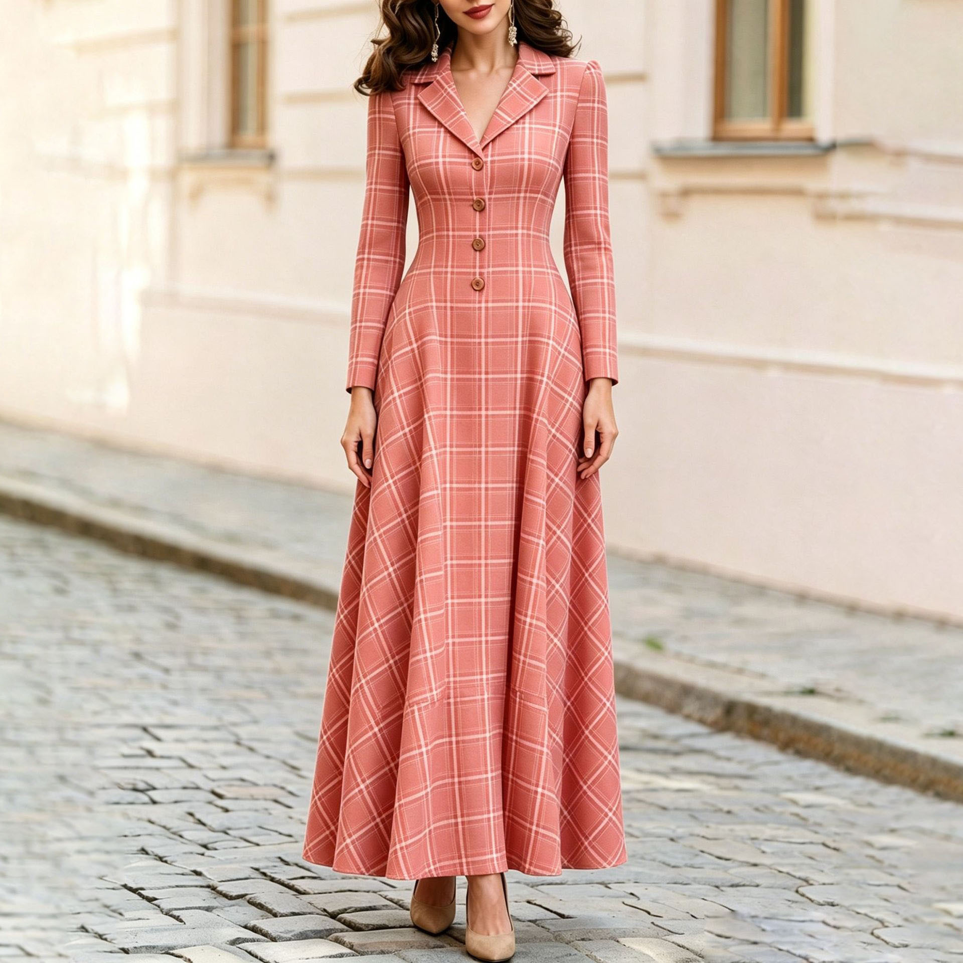 Elegant Solid Color Waist-Cinched Stand Collar Dress