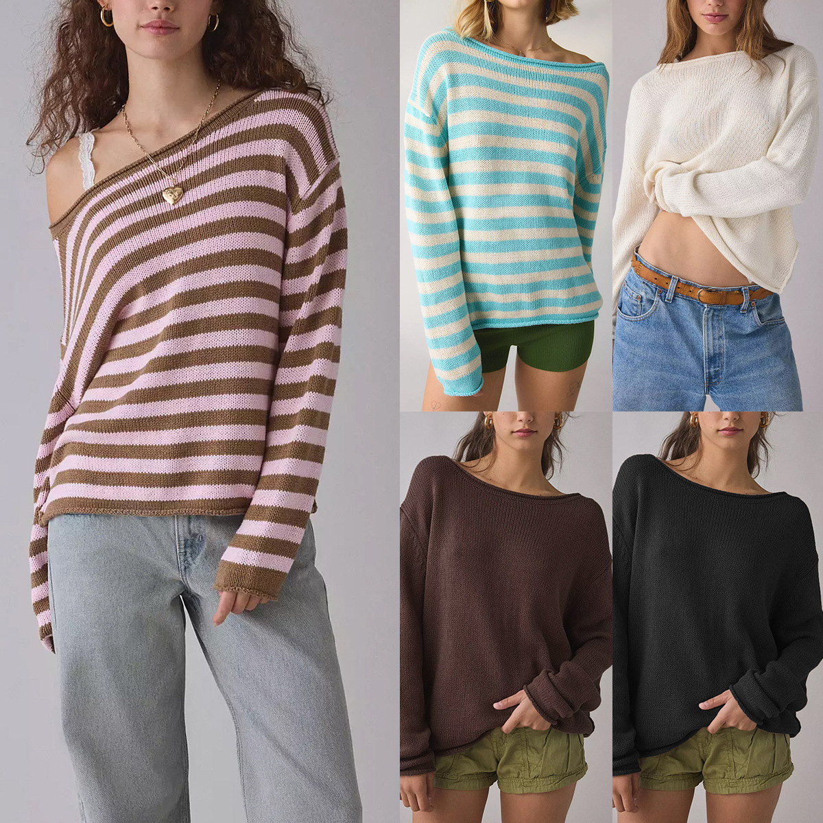 Women's Crewneck Long Sleeve Knit Sweater Loose Pullover Color Block
