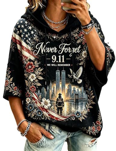 Women's Casual Hoodie with American Twin Towers Print