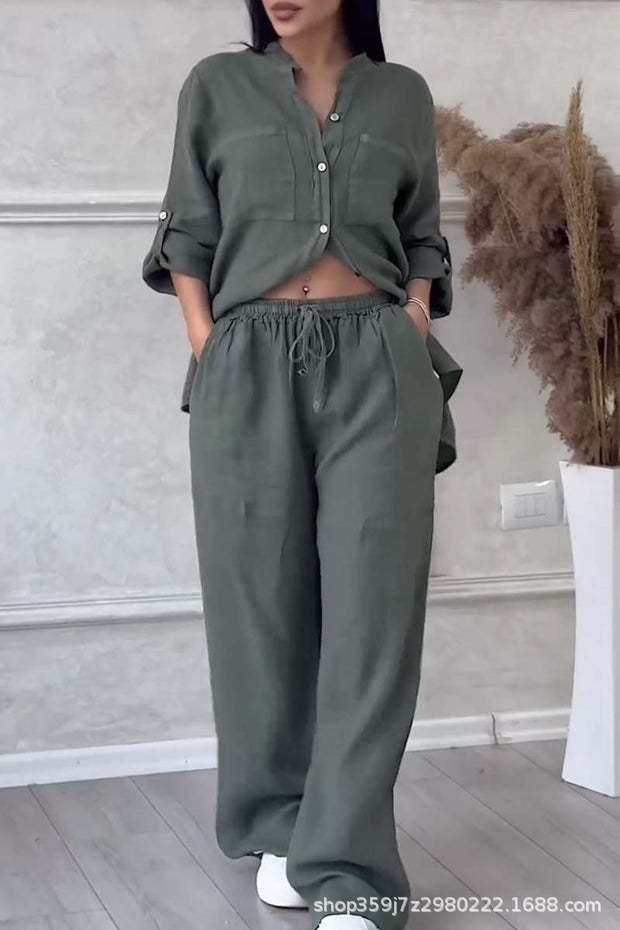 Cotton-Linen Solid Shirt & Drawstring Wide-Leg Pants Set