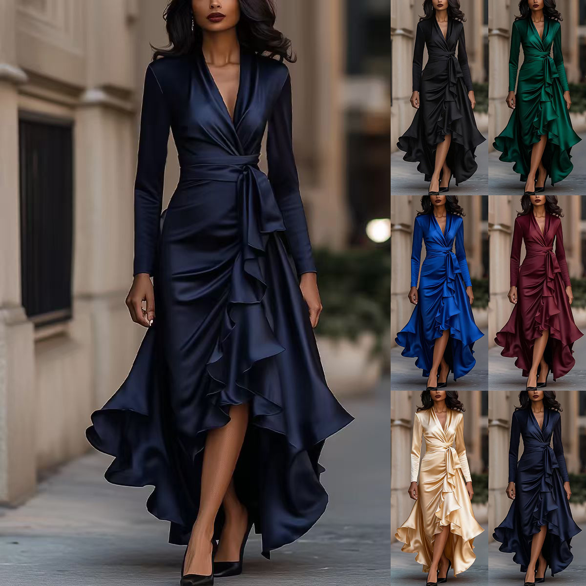 Satin V-Neck Waist-Cinching Ruffle Midi Dress