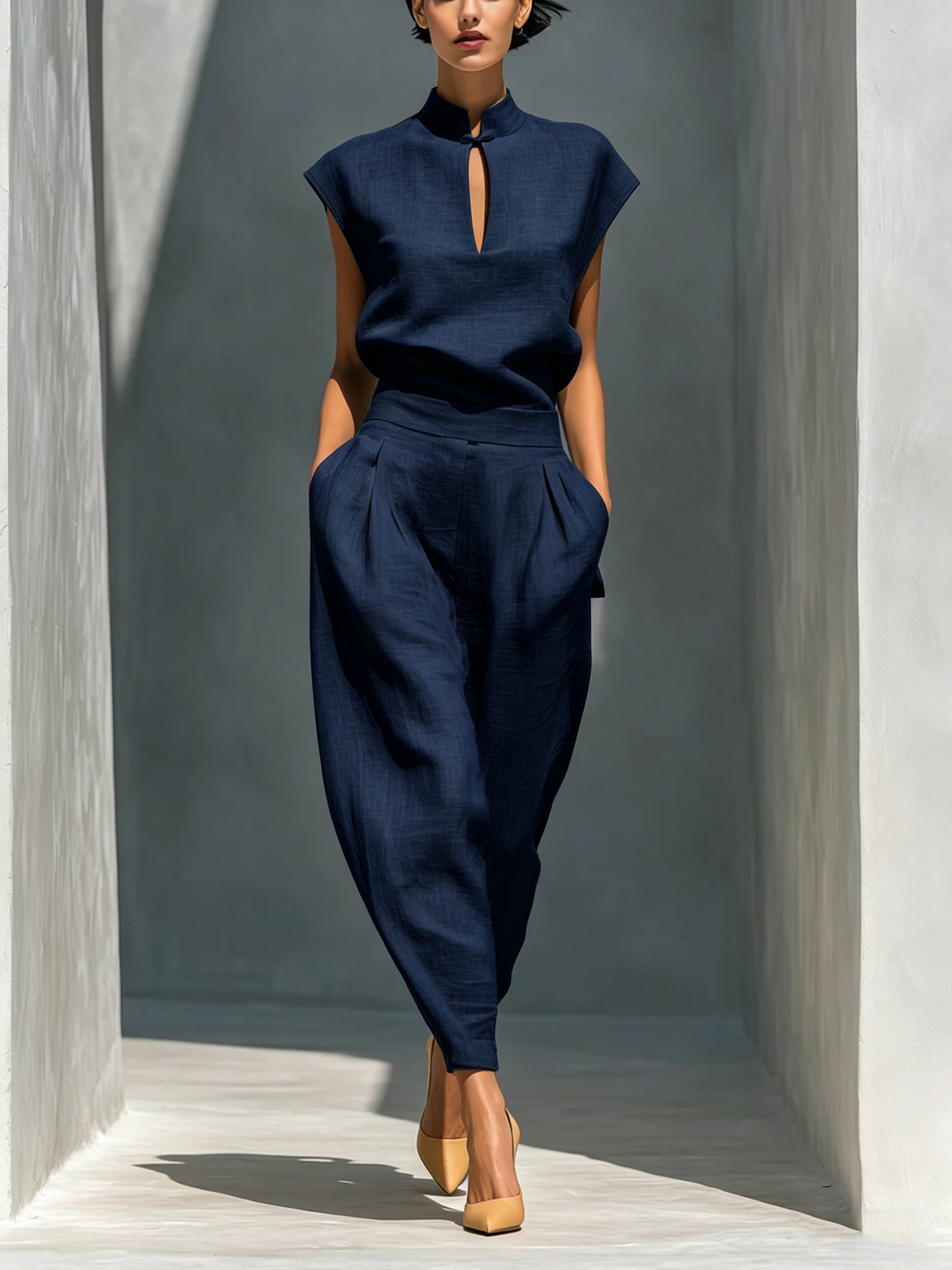 Elegant Women's Stand-Collar Cutout Top and High-Waist Barrel Pants Set