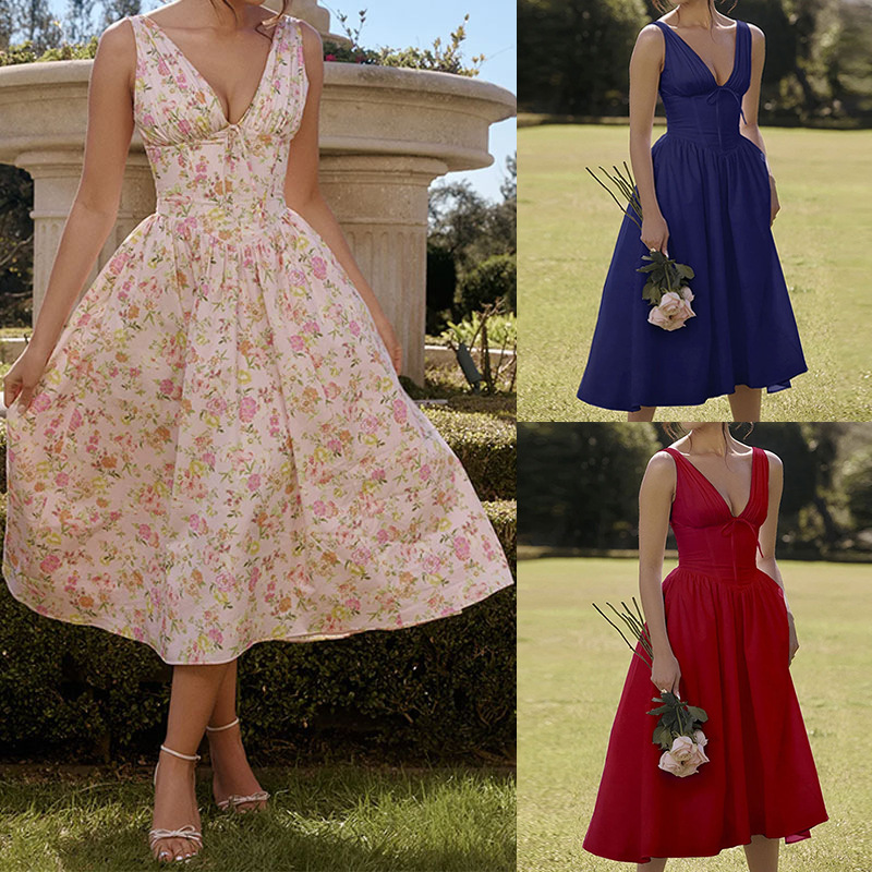 Elegant Open-Back Floral Print High-Waist Long Dress
