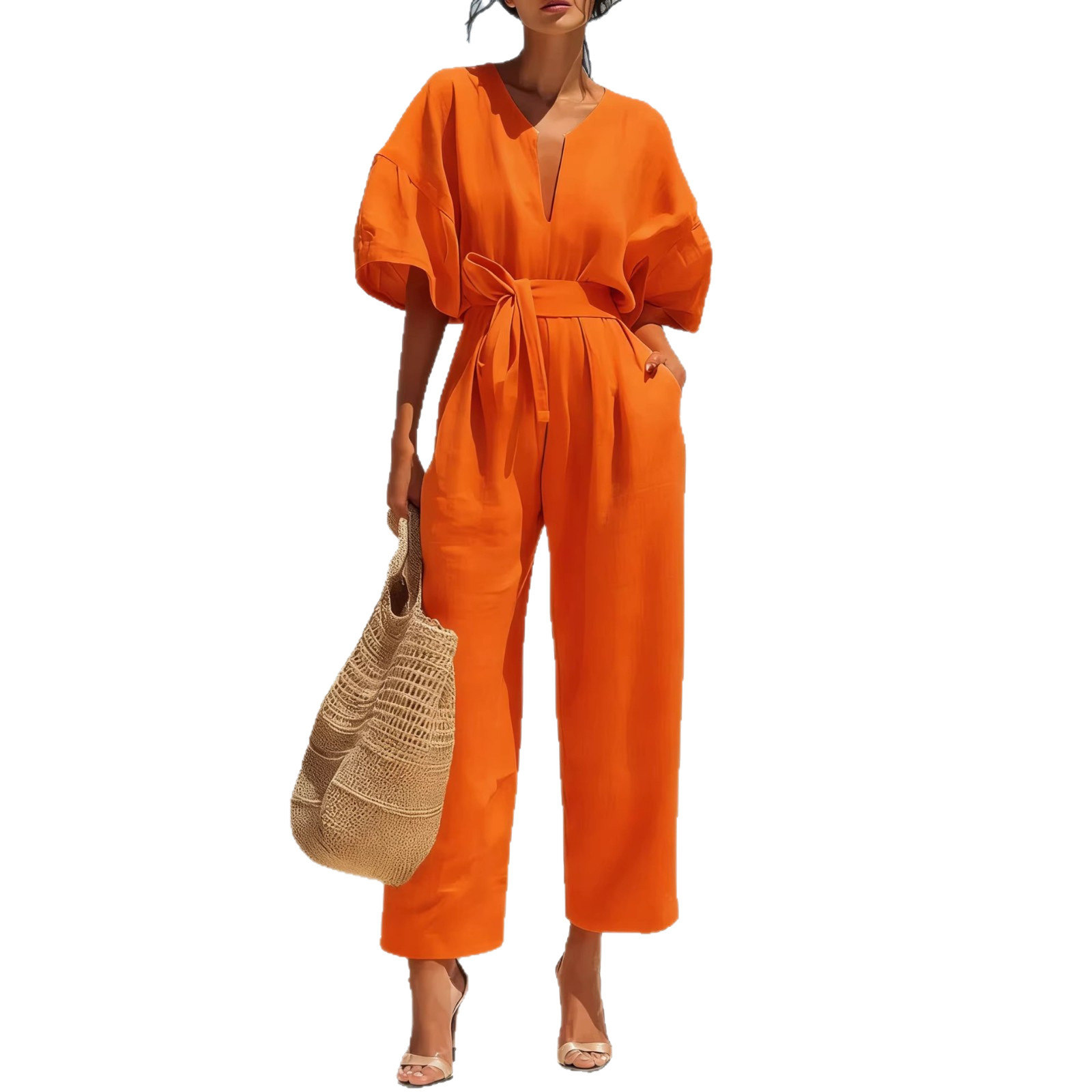 Elegant V-Neck Cotton Linen Wide-Leg Jumpsuit for Women