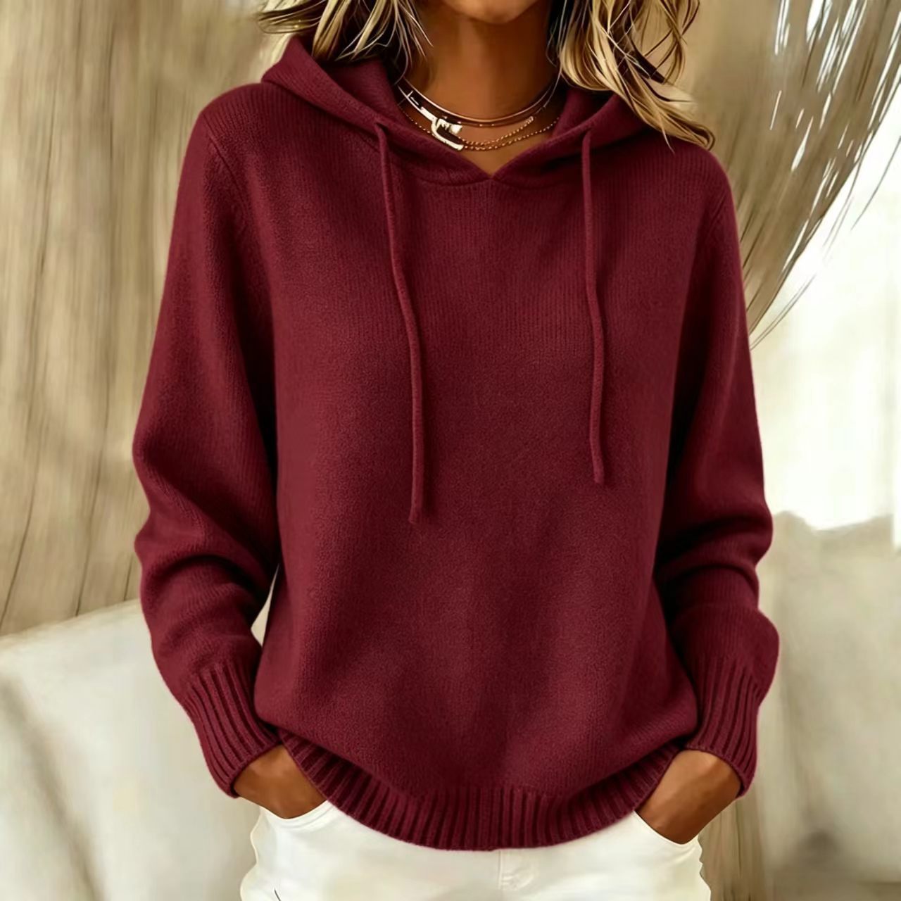 Women's Knit Hooded Pullover Sweater with Pockets Solid Color