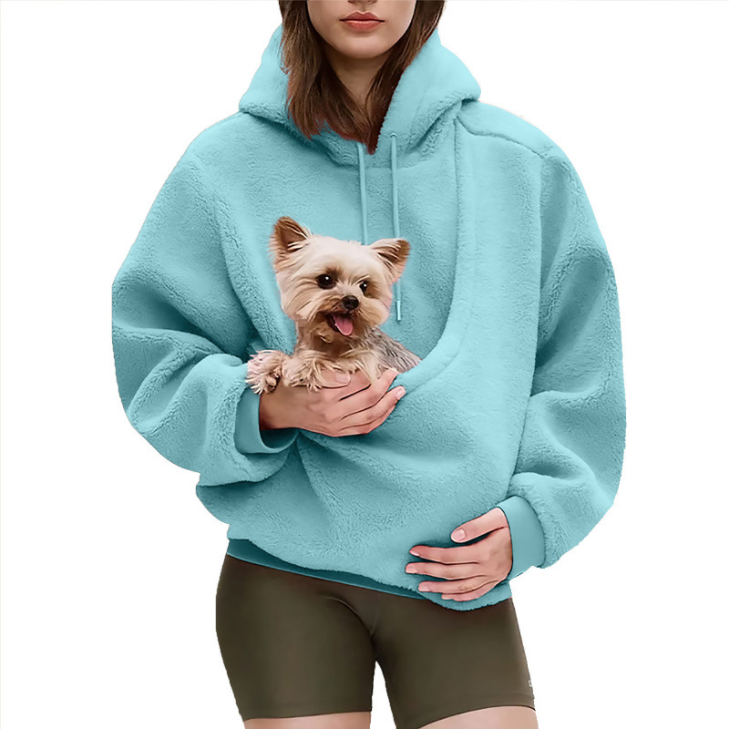 Solid Hooded Plush Pet Pouch Oversized Pullover Hoodie for Women