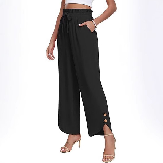 Women's High-Waist Wide-Leg Pants with Adjustable Drawstring