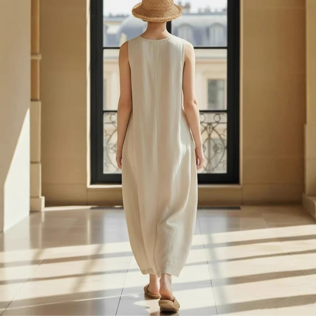 Women's Linen-Blend Button-Front Collared Sleeveless Wide-Leg Jumpsuit