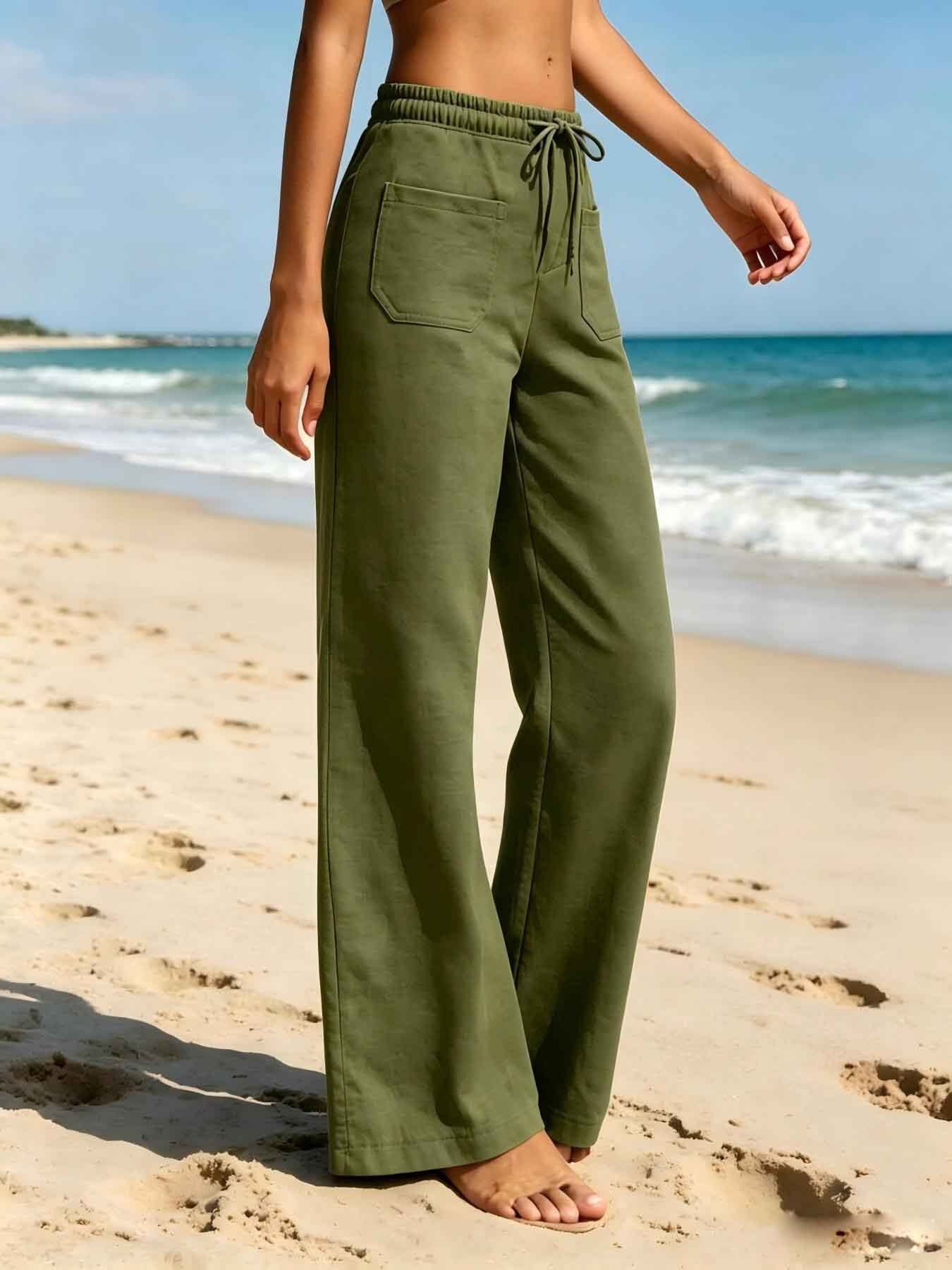 Women's Solid Straight-Leg Drawstring Pants with Pockets