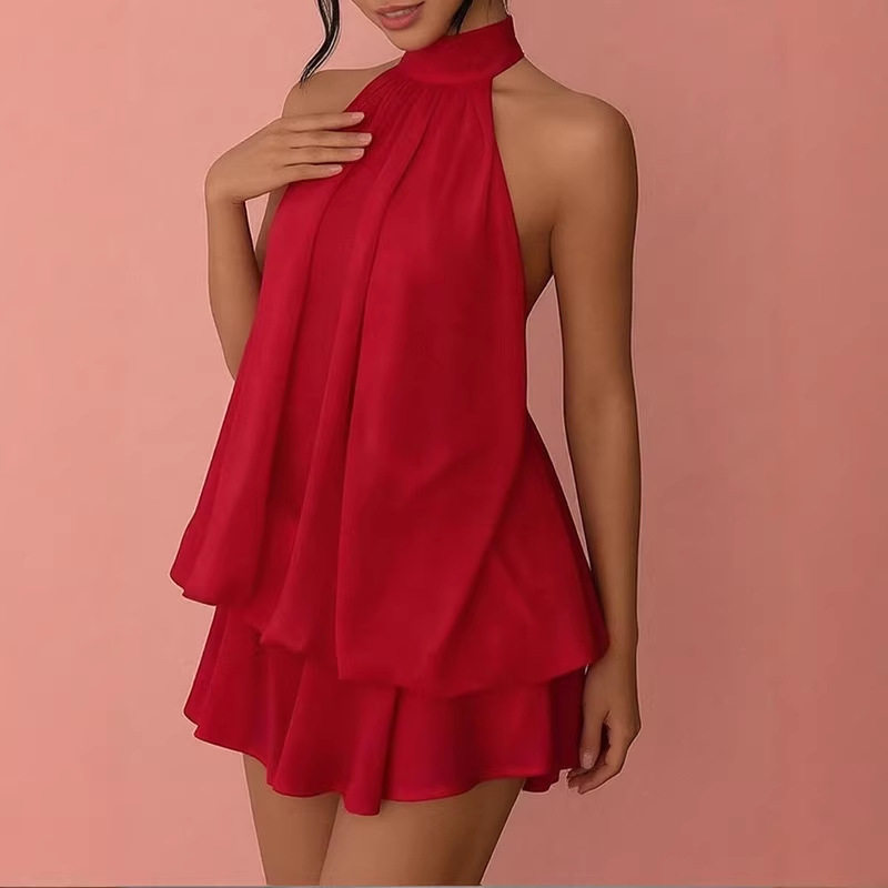 Women's Sleeveless Halter Backless Tie A-Line Mini Dress