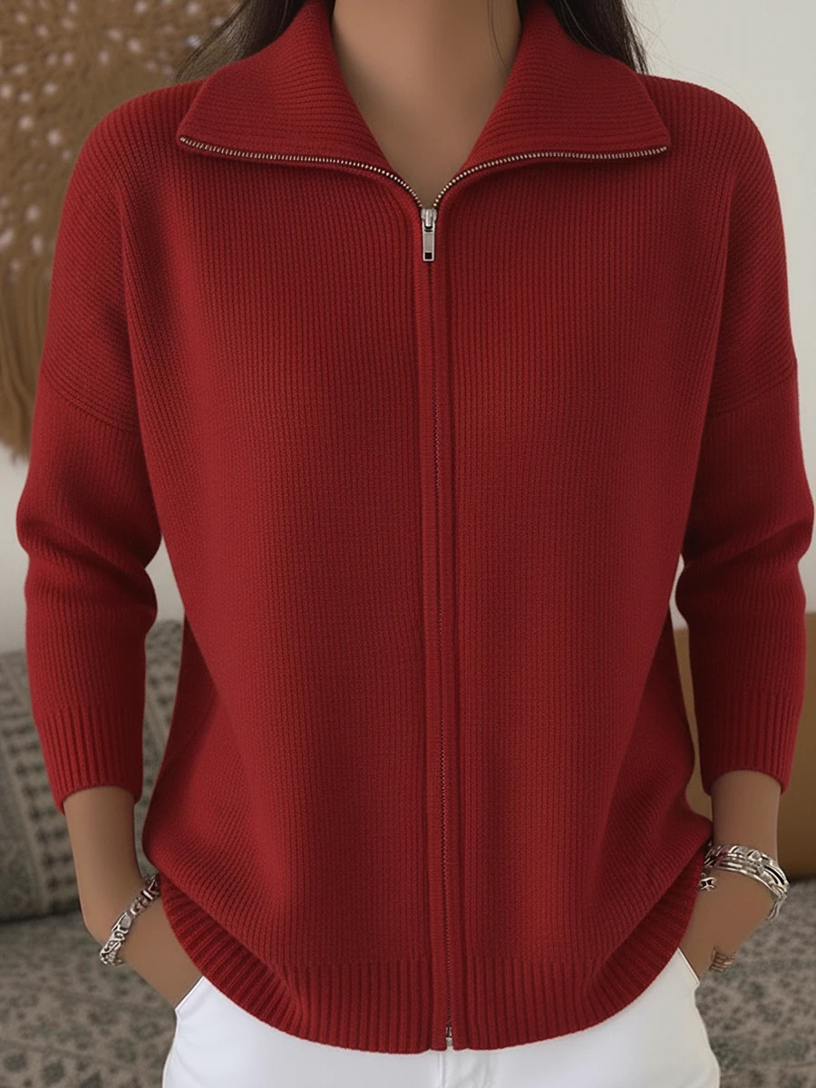 Women's Zip-Up Knit Cardigan Sweater with Collar, Solid Color, Loose Fit