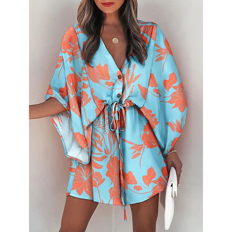 Women's Summer V-Neck Tie-Front Floral Print Patchwork Beach Dress