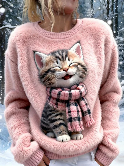Women's Cute Cat Print Crewneck Sweatshirt
