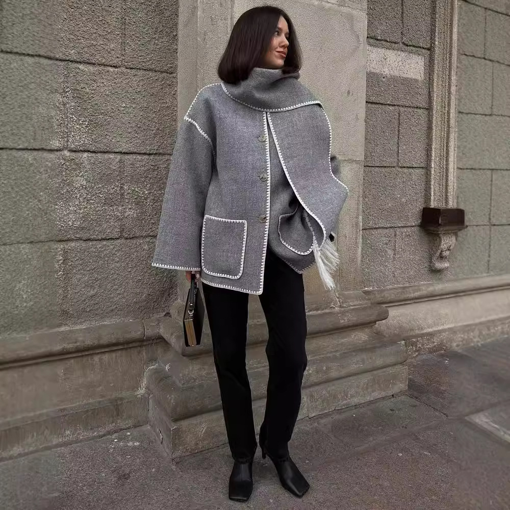 Women's Fringe Wool-Blend Coat with Scarf, Loose Fit