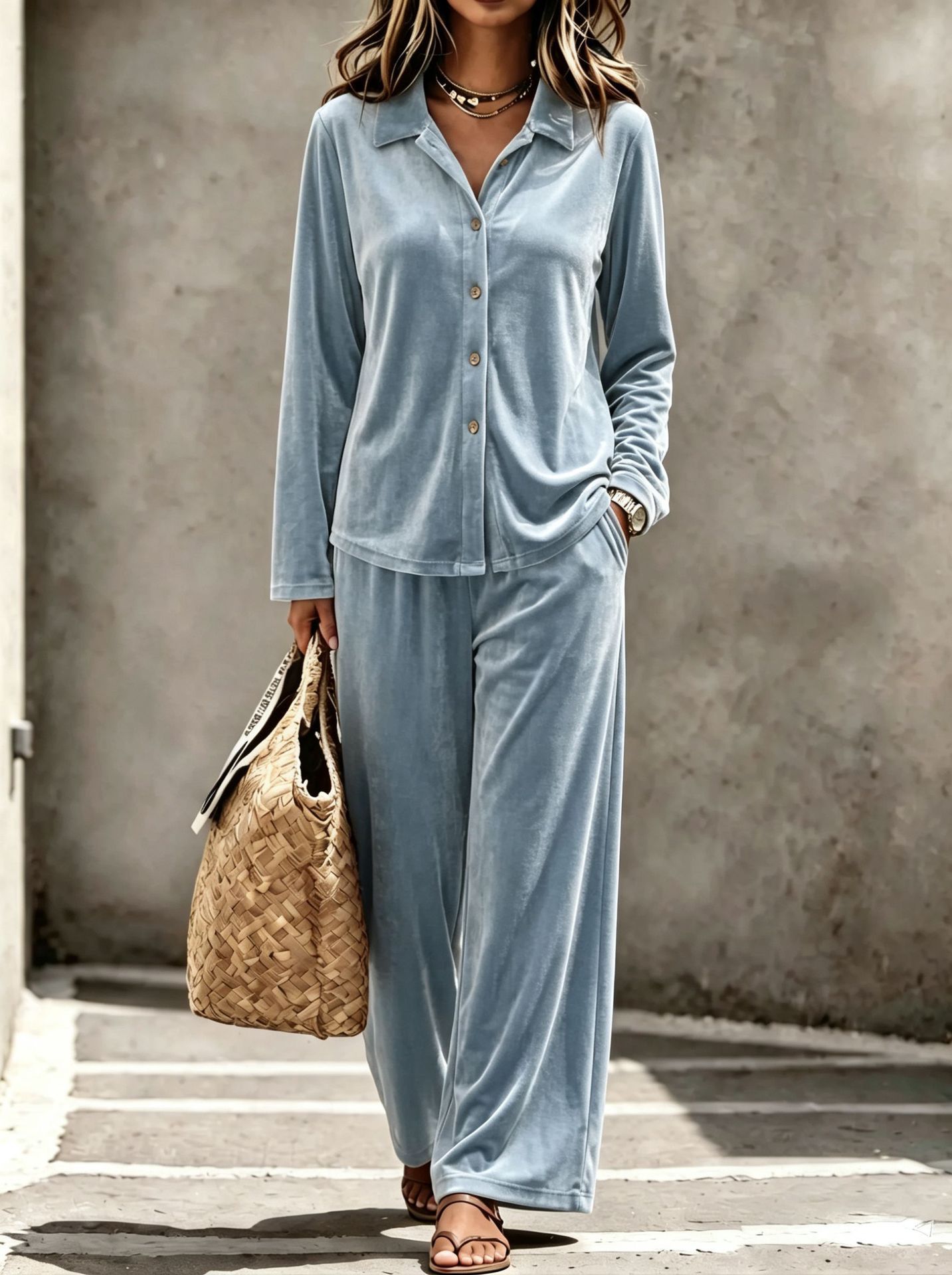 Women's Velvet Two-Piece Lounge Set with Collared Button Top and Pants