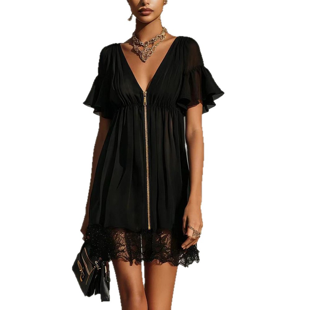 Women's Solid V-Neck Zip Lace Panel Dress
