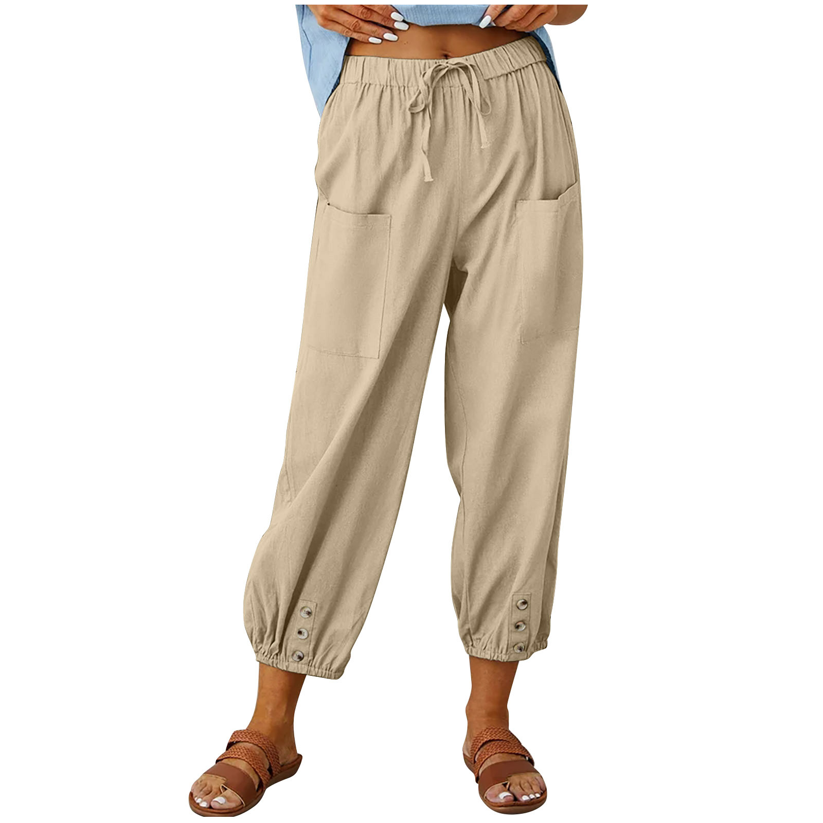 Women's High-Waist Button Cotton-Linen Wide-Leg Cropped Pants