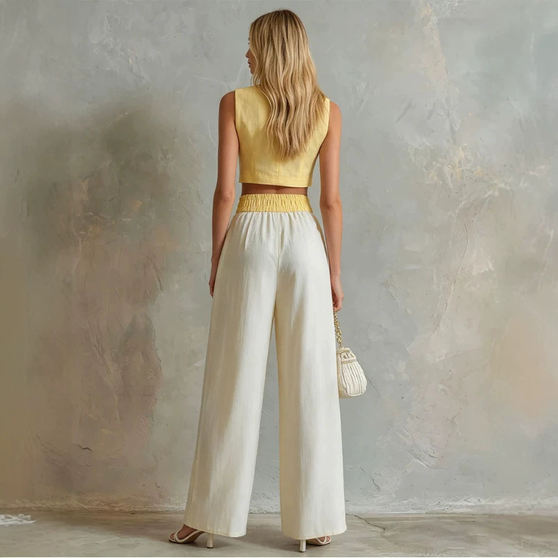 Retro Yellow Sleeveless Vest and Off-White Wide-Leg Pants Set