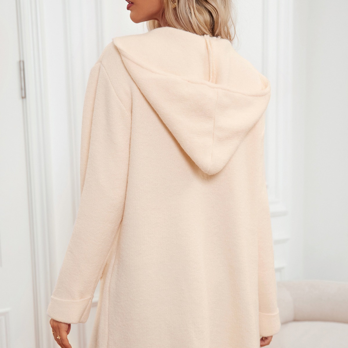 Women's Hooded Open-Front Wool Cardigan Sweater, Mid-Length Long Sleeve, Solid Color