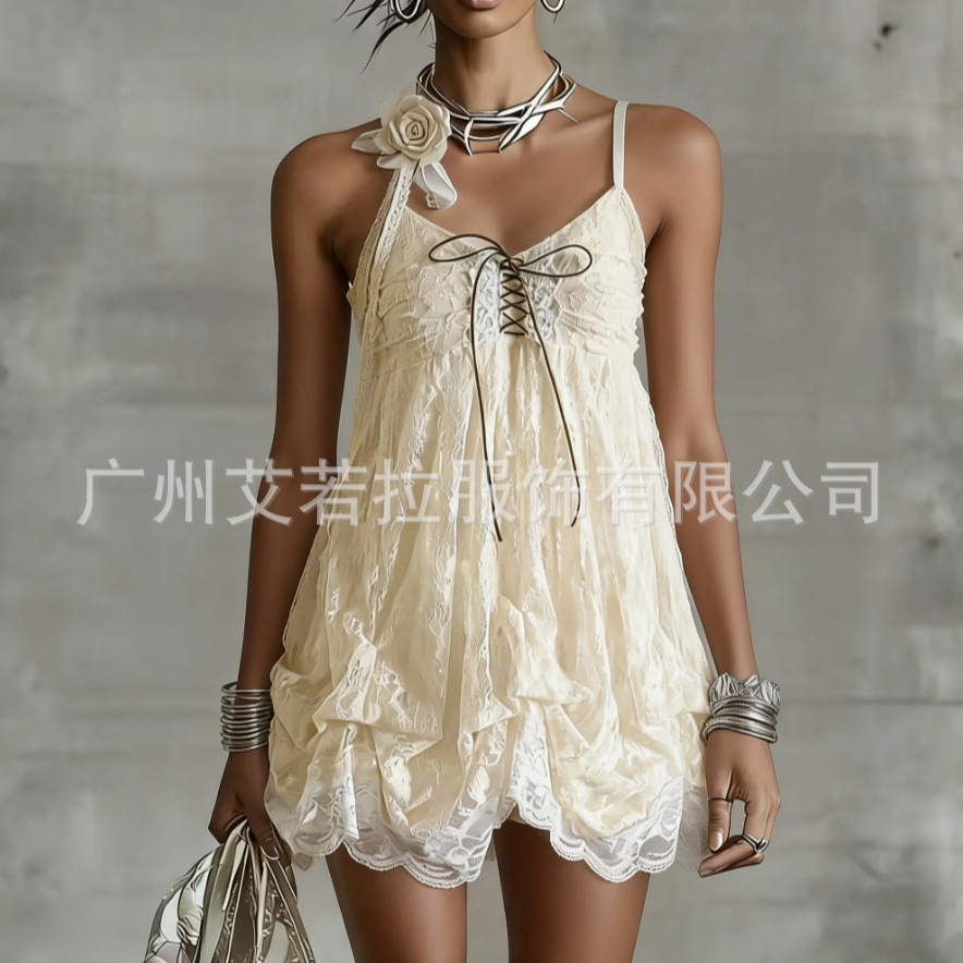 Princess Lace Cami Dress with Cinched Waist and Hepburn Style