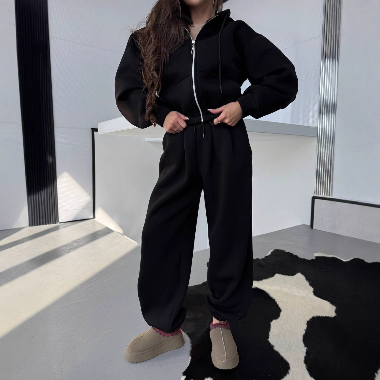 Women's Casual Loose Hooded Zip-Up Sweatshirt and Pants Set