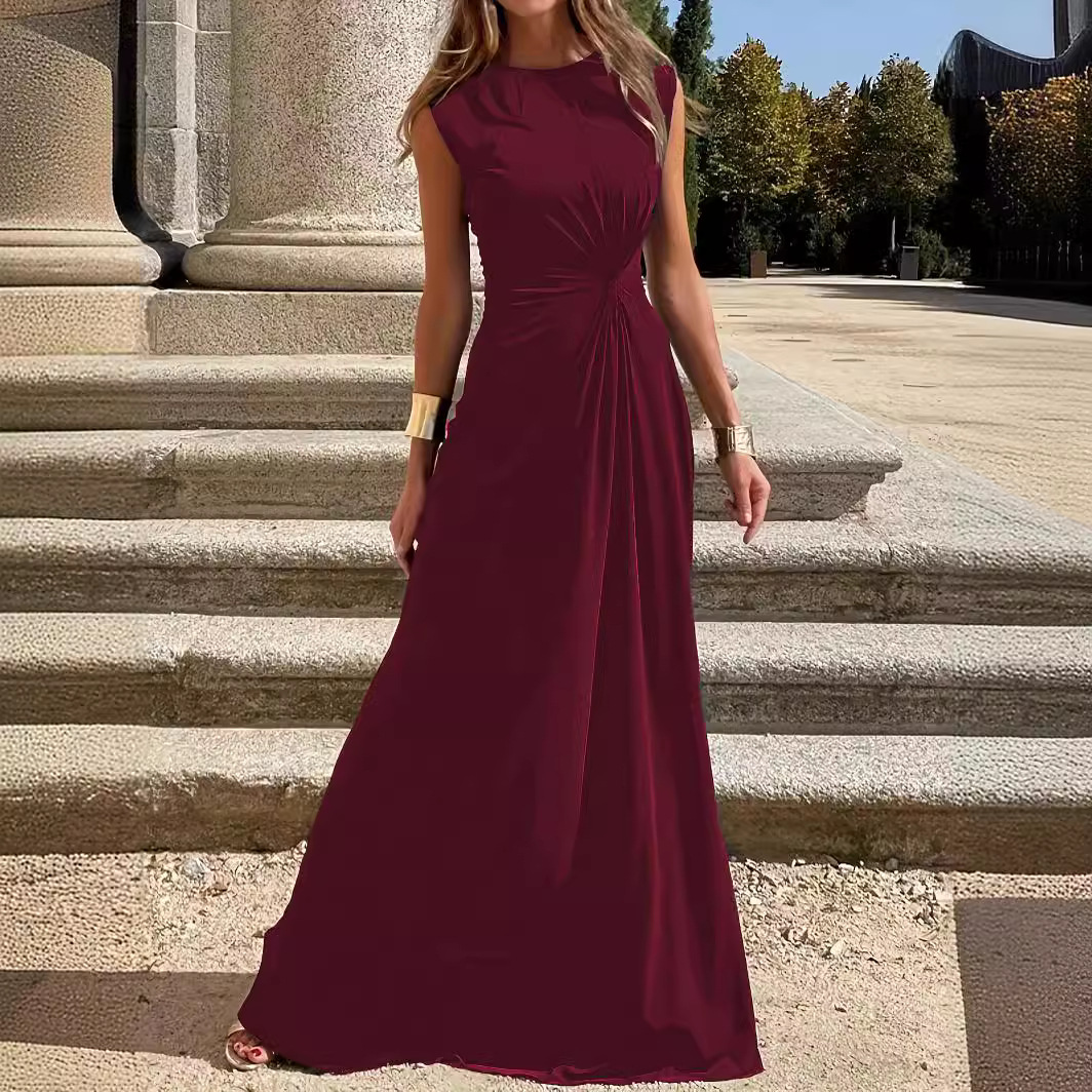 Women's Elegant Round Neck Sleeveless Long Dress Waist-Cinched Commuter