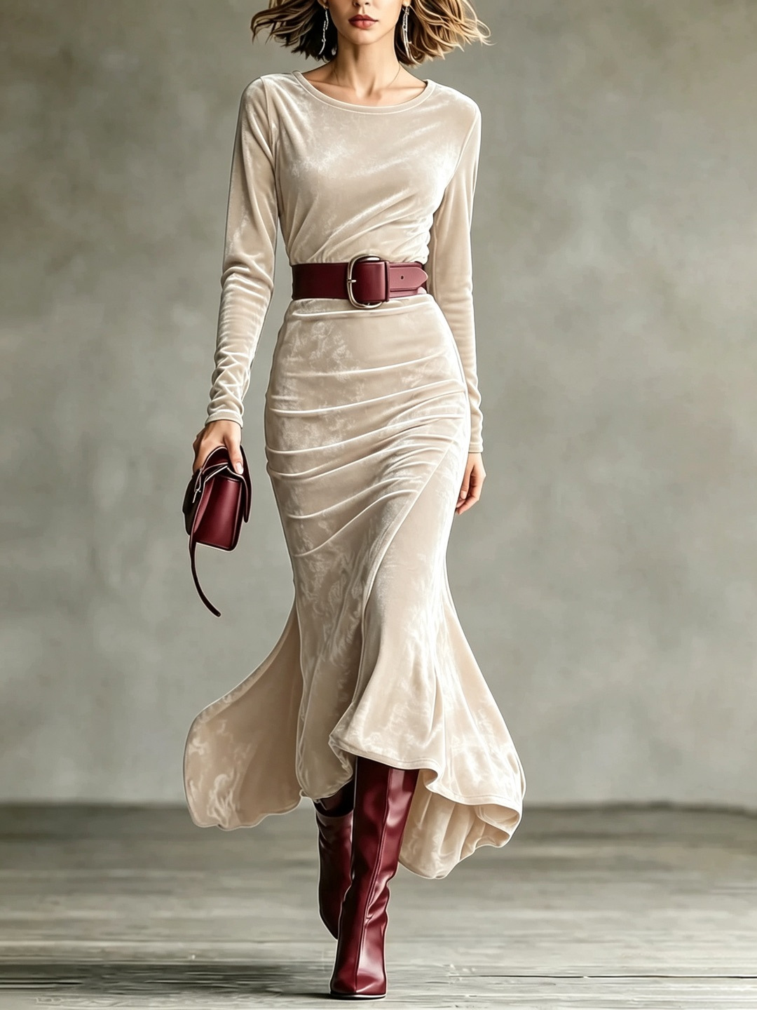 Elegant Velvet Long Sleeve Round Neck Slim Fit Mermaid Dress