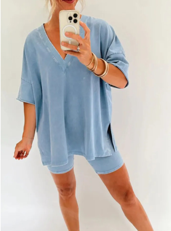 V-Neck Faux Denim Two-Piece Set with Short Sleeve Tee and High-Waist Shorts