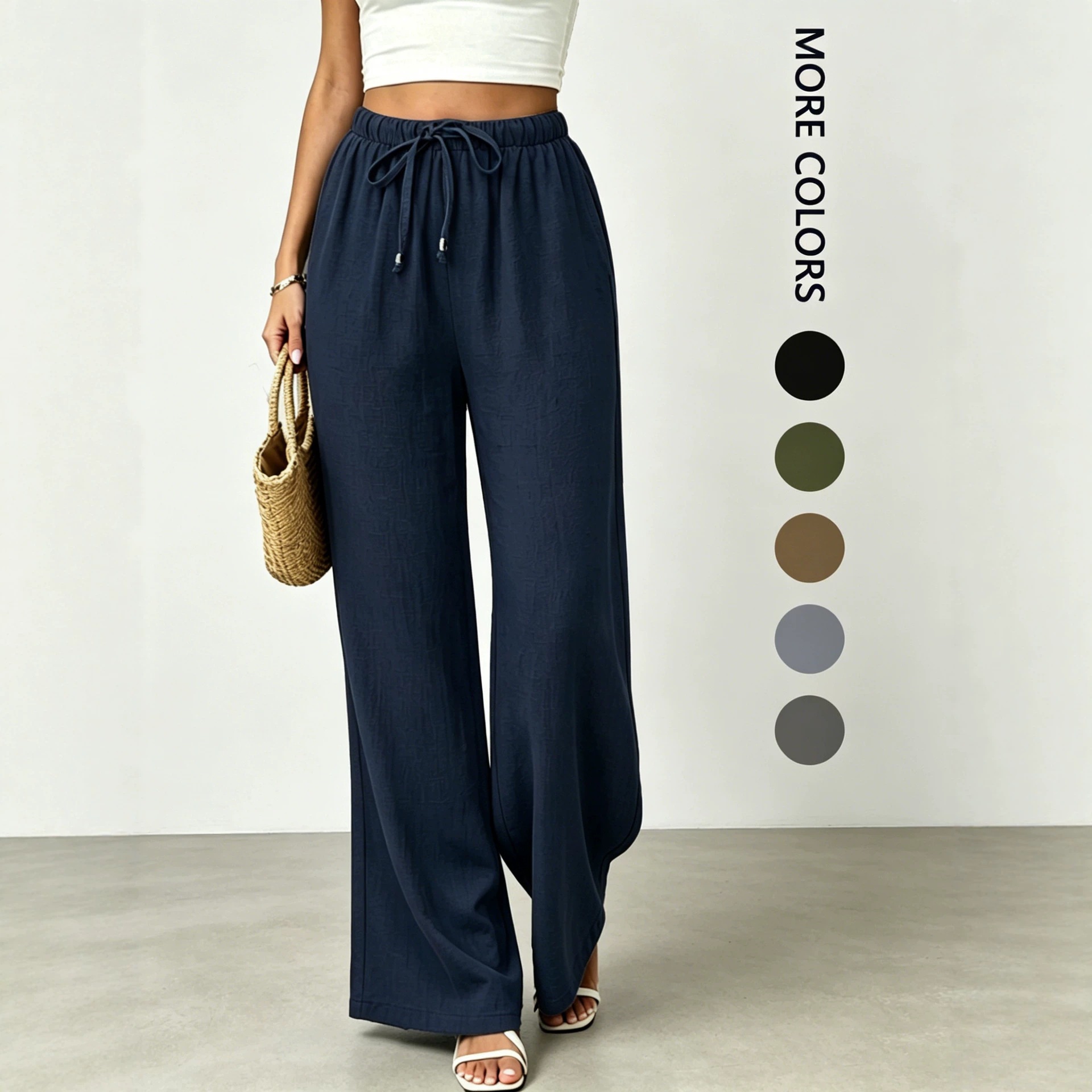 Women's Linen-Blend Drawstring High-Waist Wide-Leg Pants